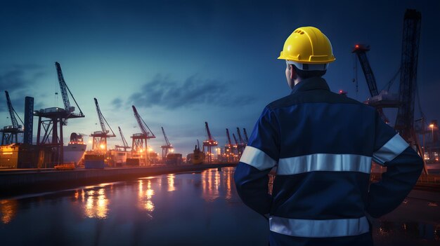 Industry worker with safety jacket and helmet at the port