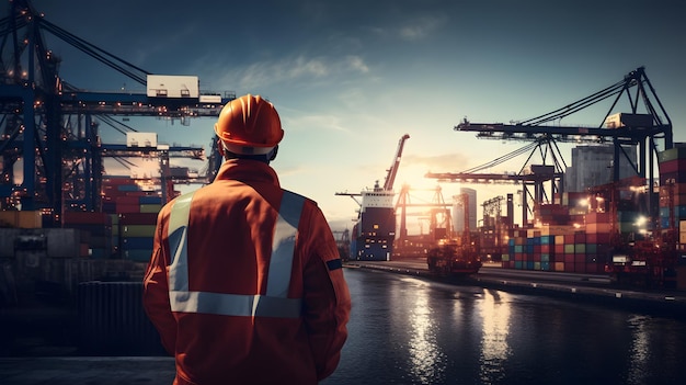 Industry worker with safety jacket and helmet at the port