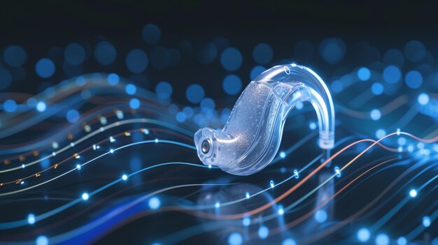 Photo inear hearing aid on sound waves background