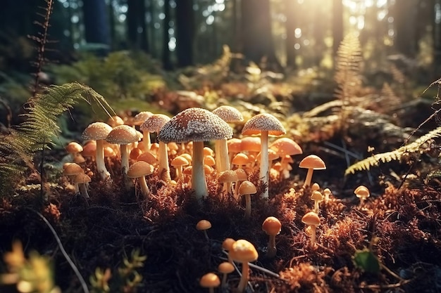 Несъедобные ядовитые грибы-поганки, растущие в лесу в солнечный летний день Генеративная иллюстрация AI