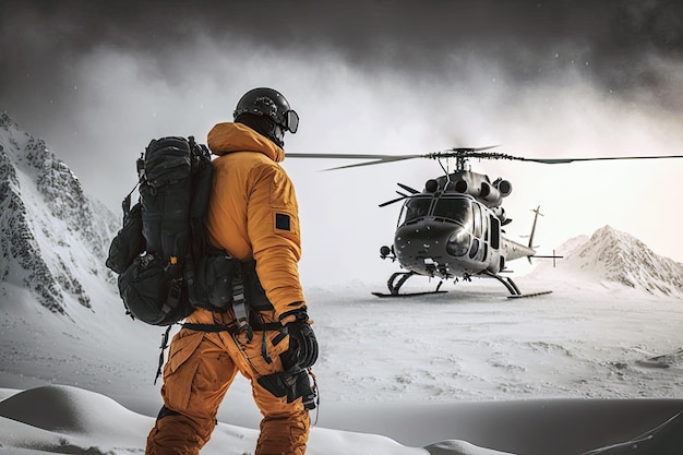 Foto un salvataggio inspiegabile un elicottero che ora sorvola le montagne luccicanti scatena mans