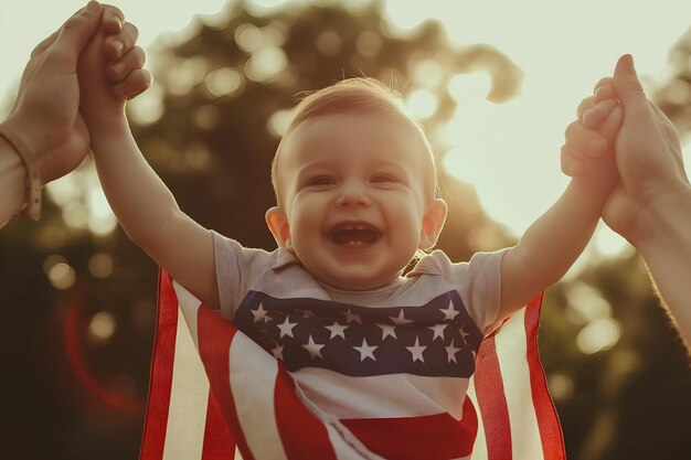 Photo infant baby holds american usa big flag at sunny summer day 4 july independence day celebration