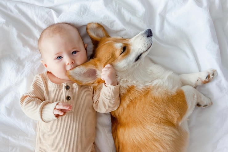 Photo an infant and ginger corgi pembroke laying on a white sheet and looking at the camera top view relationships between baby and dog baby biting dogs ear fur allergy families with pets and newborn