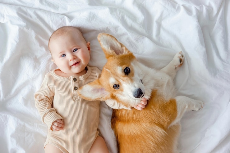 Photo an infant and ginger corgi pembroke laying on a white sheet relationships between baby and dog
