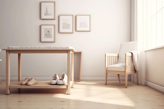 On the infant nursery table are a picture frame and booties text area