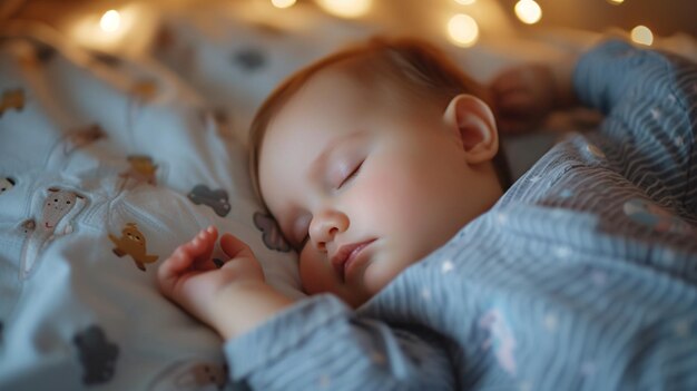 특별한 기회 에 가족 에게 기 을 가져다 주는 침대 에 잠자는 아기