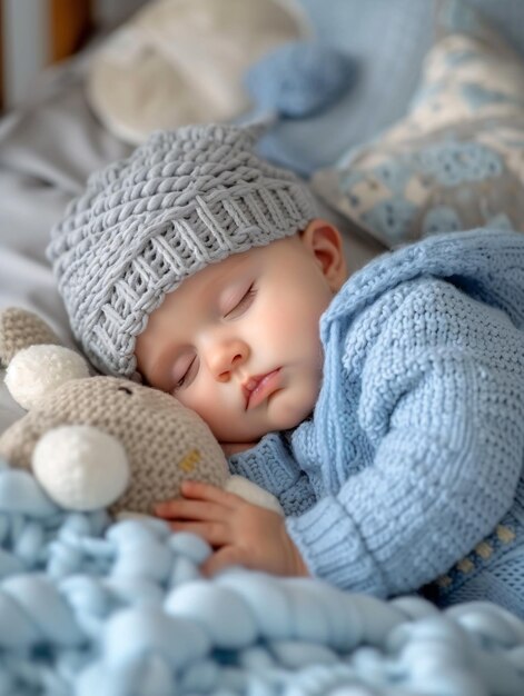 Infant slumbers peacefully in crib bringing joy to family on special day Adorable child naps in cozy bed