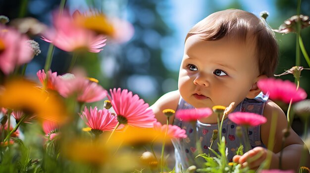 写真 花の周りを飛び回る蝶を見ている赤ちゃん