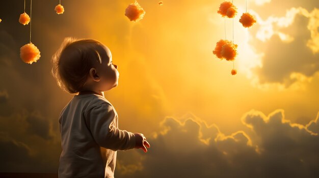 Infant watching a mobile of floating clouds and suns