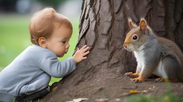 Infant watching a squirrel in the park with interest