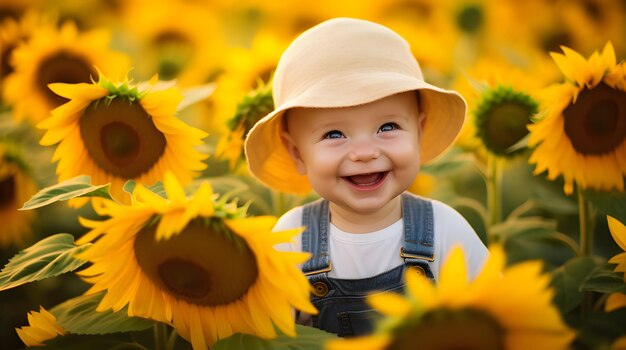 Infant wearing a sunflower hat in a field of flowers