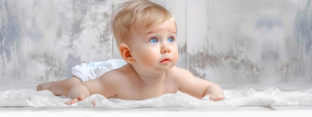 An infant with a birthmark on the neck rests on a clean background Diapered child represents innocen