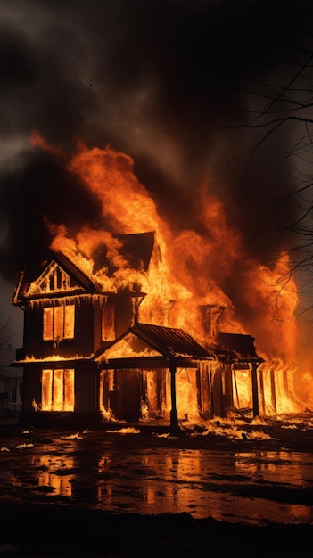 Photo inferno engulfs aging home flames dancing an urgent blazing spectacle vertical mobile wallpaper