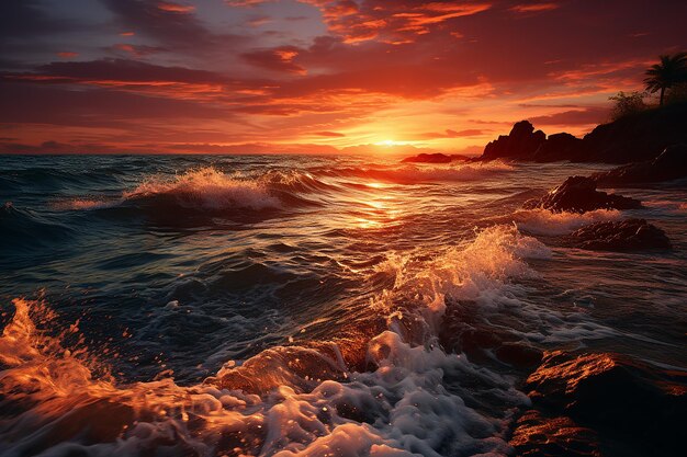 Фото Инфернальные приливы: завораживающая сцена океана с грохотом огненных волн