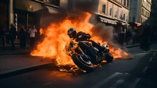 Foto l'inferno ha scatenato un veicolo in fiamme inghiottito dalle fiamme sull'asfalto