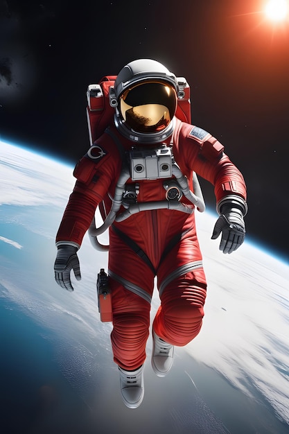 Infinite Black Outer Space Epic Extreme Long Shot van een astronaut in een futuristisch ruimtepak