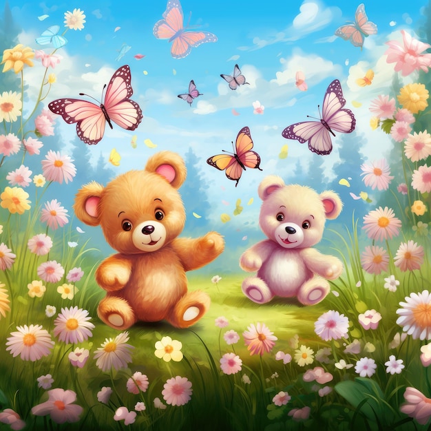 Фото Бесконечное удовольствие очаровательные пастельные плюшевые медведьки среди цветочной луга