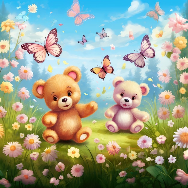 Infinite Delight Enchanting Pastel Teddybears Amidst a Flower Meadow