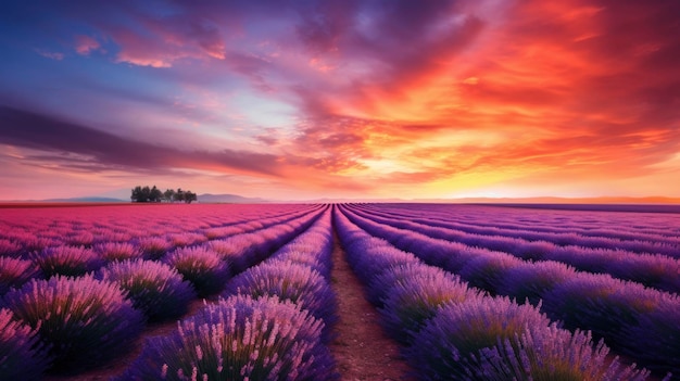 Infinite lavender field in sunset magic moment red orange sky purple