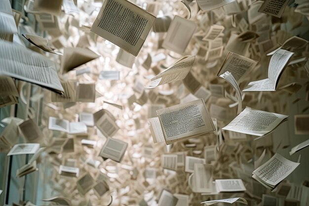 Infinite space filled with floating sheets of typewritten poems