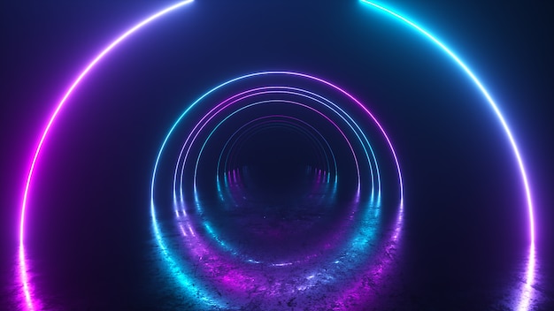 Бесконечный полет внутри туннеля, неоновый свет абстрактного фона, круглая аркада, портал, кольца, круги, виртуальная реальность, ультрафиолетовый спектр, лазерное шоу, отражение в металлическом полу. 3d иллюстрация