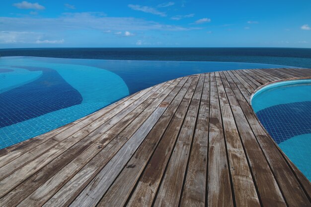 Infinity pool with views of the sea and blue sky