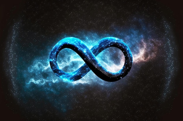 Infinity sign with blue glow against dark galactic sky