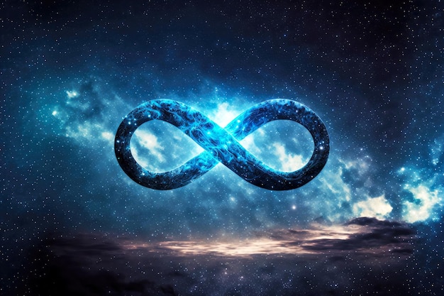 Infinity sign with blue glow against dark galactic sky