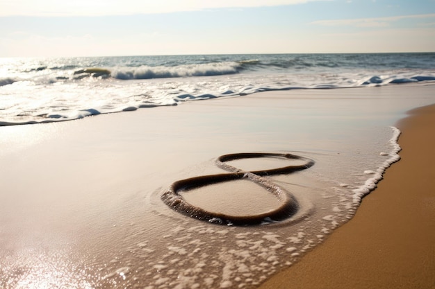 Infinity teken op het strand met golven die op de kust rollen