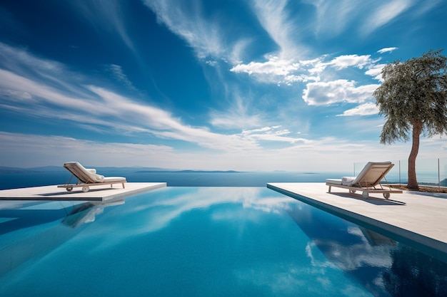 Infinity zwembad met uitzicht op zee en oceaan op blauwe hemel