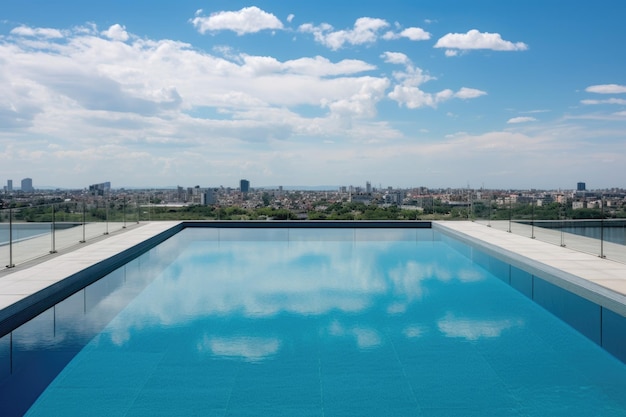 Foto infinity zwembad op het dak van een betongebouw met glazen relingen