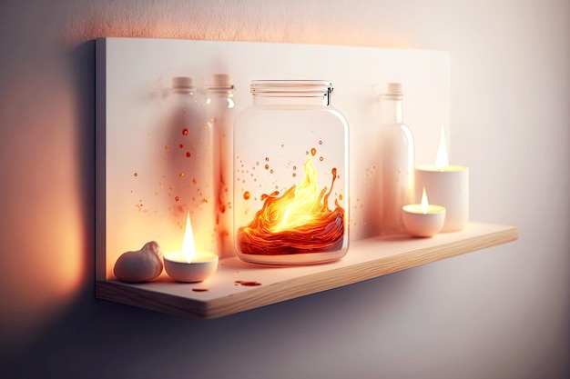Inflamed burning on white wooden shelf in bathroom with candles created with generative ai