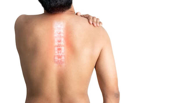 Inflamed human spine pain of white background