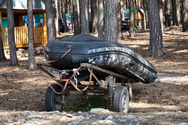 An inflatable boat ready to travel on the lake, a fisherman's boat.