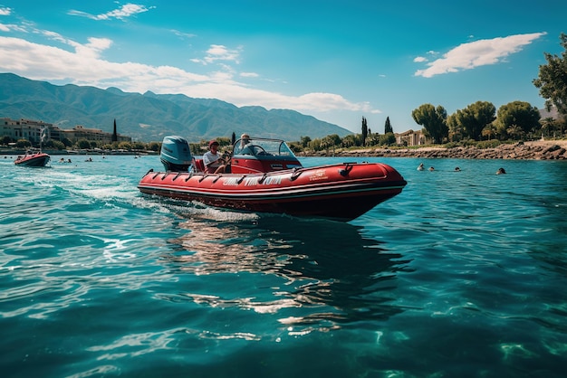 An inflatable boat with a motor floats along the shore rafting on a mountain river on a journey active leisure time on vacation banner with copyspace ai generation