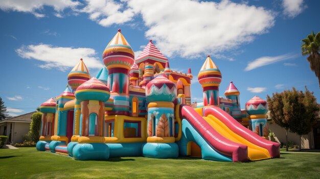 Inflatable colored castle with blue sky