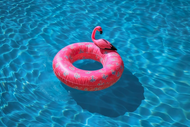 Inflatable flamingo rubber buoy and pool generative ai