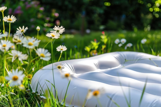 Inflatable mattress on the lawn with flowers