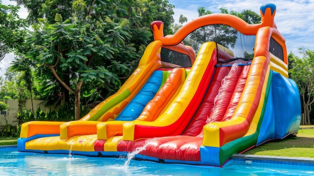 Inflatable multicolored water slide at a pool in a sunny green park