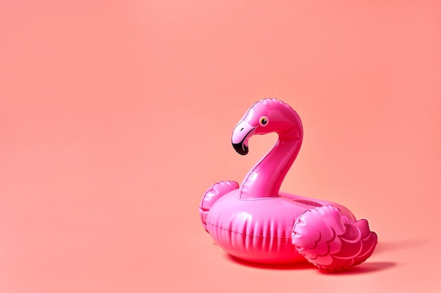 Photo inflatable pink flamingo pool toy on pink background creative minimal concept