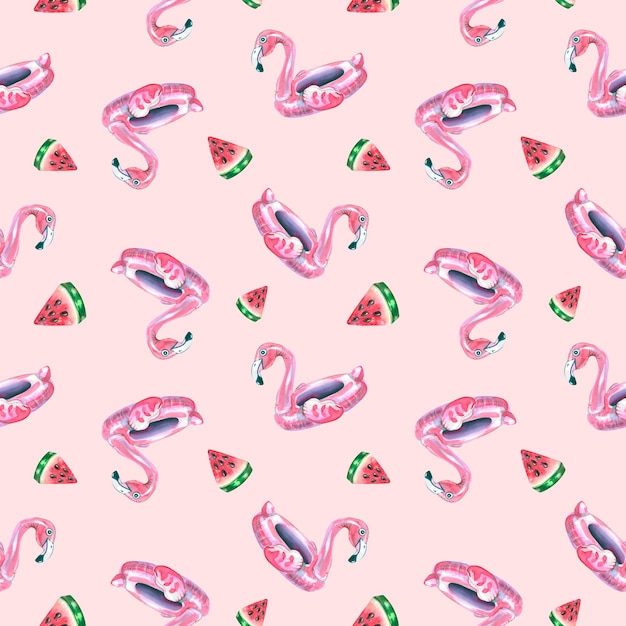 Inflatable pink flamingo with watermelon slices on a pink background Watercolor illustration Seamless pattern from the BEACH BAR collection For fabrics textiles wallpaper packaging paper