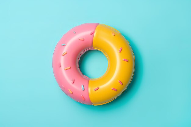 Inflatable pink and yellow donut ring floating on a blue background Generative AI illustration