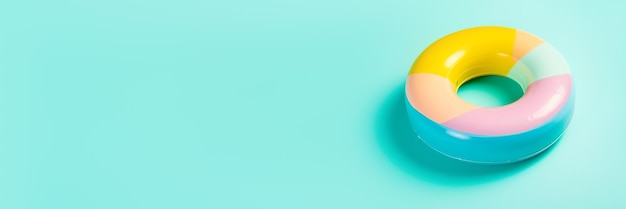 파란색 배너에 떠 있는 팽창식 분홍색 및 노란색 링 생성 AI 그림