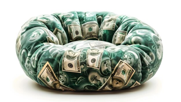 Inflatable pool ring covered in dollar bills design isolated on white background Creative concept for wealth finance and leisure Ideal for business and financial themes AI