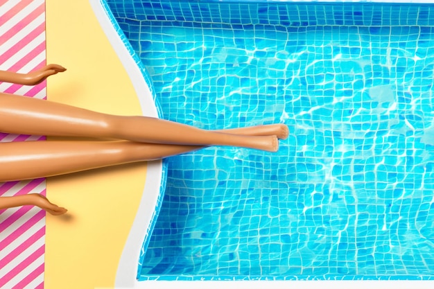 Foto fenicottero giocattolo gonfiabile in piscina con gambe di bambola su sfondo blu concetto minimo di festa estiva copia spazio per il testo