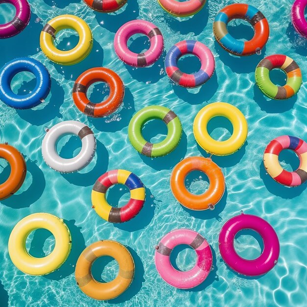 Inflatable ring colorful in pool on sunny day Relaxation lifestyle concept Leisure lifestyle concept Color background