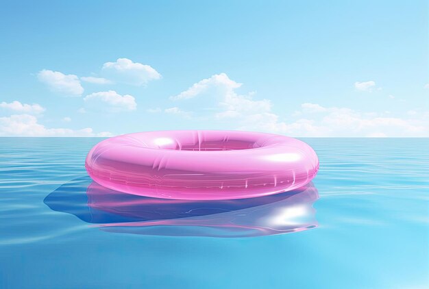 an inflatable ring floating in a clear blue pool in the style of pink