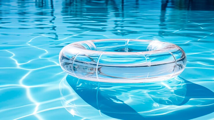 青い水の背景でプールで浮かぶインフレータブルリング 夏のコンセプト