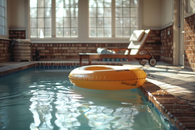 Inflatable ring floats in an indoor pool Generative AI