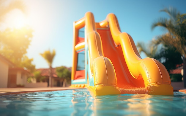 An inflatable slide is being enjoyed by swimmers in a vibrant pool setting